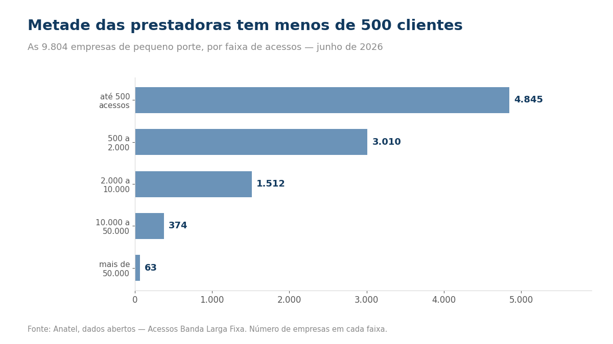 Gráfico mostrando 4.845 empresas com até 500 acessos e apenas 63 com mais de 50 mil