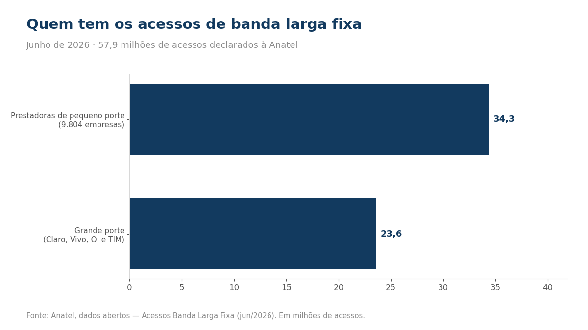 Gráfico de barras comparando 34,3 milhões de acessos de pequeno porte contra 23,6 milhões de grande porte