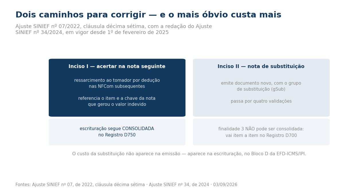 Duas colunas comparando o acerto na nota seguinte, que mantém a escrituração consolidada, com a nota de substituição, que exige escrituração individual.