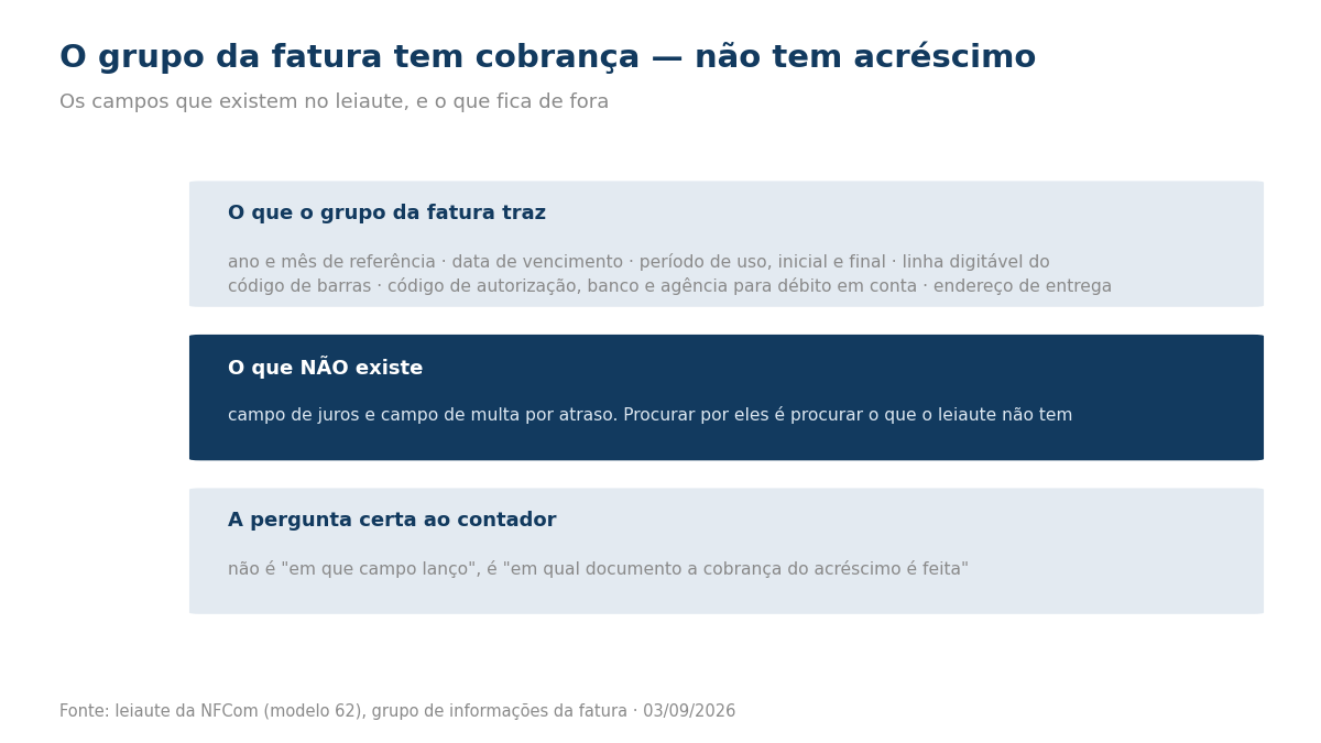 Três caixas: o que o grupo da fatura traz, o que não existe no leiaute e qual é a pergunta correta a fazer ao contador.