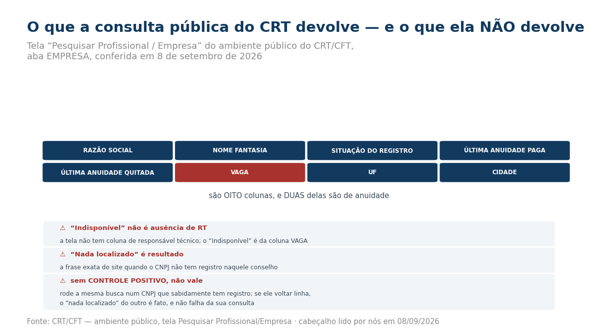 Quadro com as oito colunas do resultado: razão social, nome fantasia, situação do registro, última anuidade paga, última anuidade quitada, vaga, UF e cidade; e três avisos: Indisponível é da coluna vaga e não ausência de responsável técnico, Nada localizado é resultado, e sem controle positivo a consulta não vale.