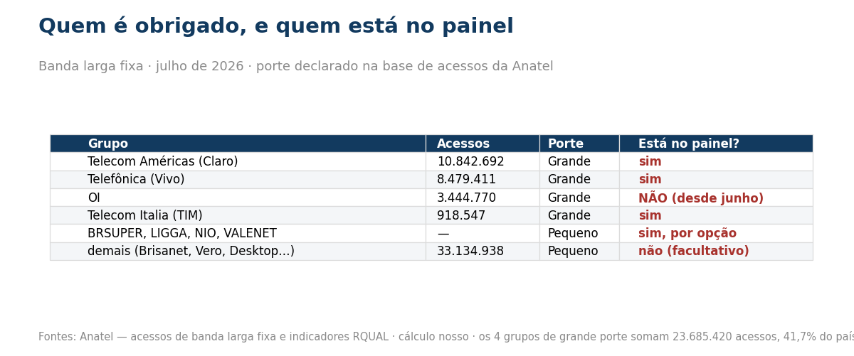 Tabela comparando os grupos de grande porte da banda larga fixa e se estao no painel de qualidade