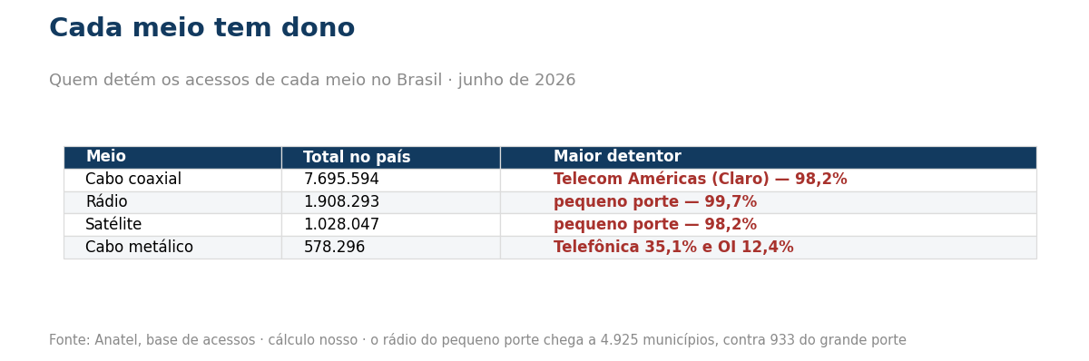 Tabela mostrando quem detem os acessos de cabo coaxial radio satelite e cabo metalico no Brasil