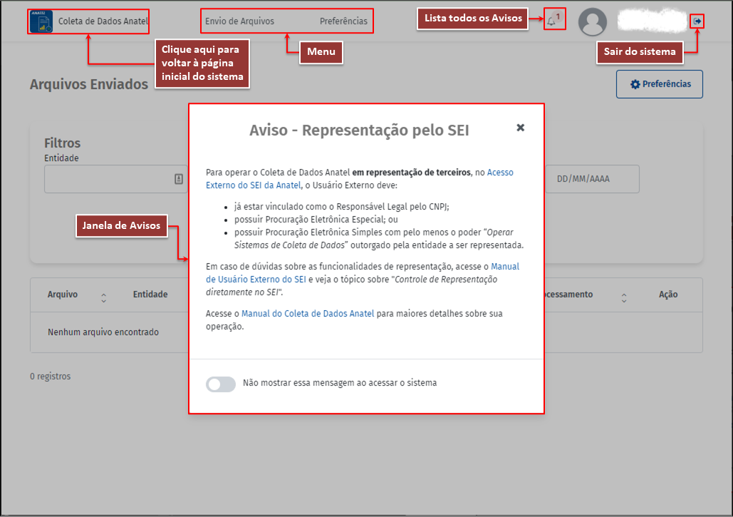 Tela inicial do Coleta de Dados com o aviso de representação pelo SEI