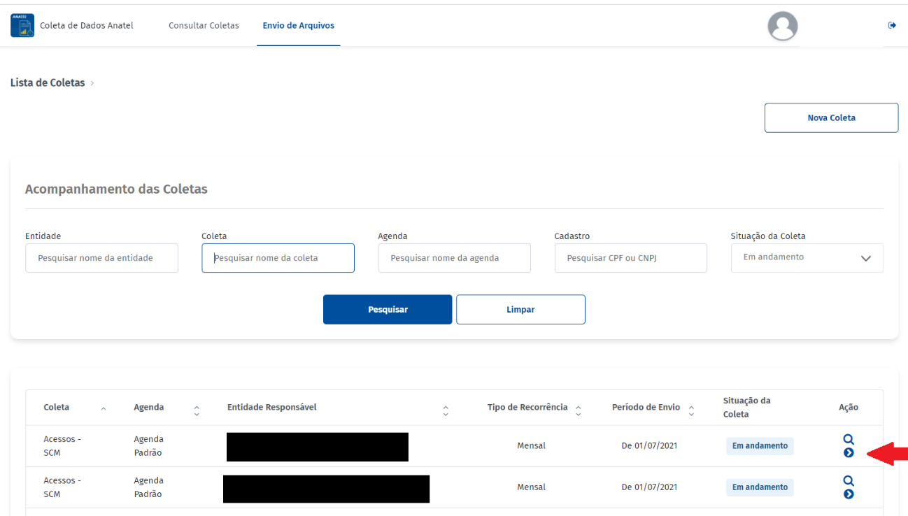 Lista de coletas com a coleta Acessos - SCM e o botão de agenda
