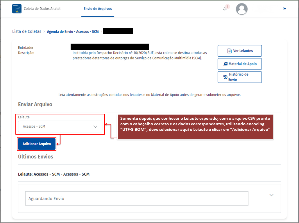 Tela Enviar Arquivo com o leiaute Acessos - SCM e o botão Adicionar Arquivo