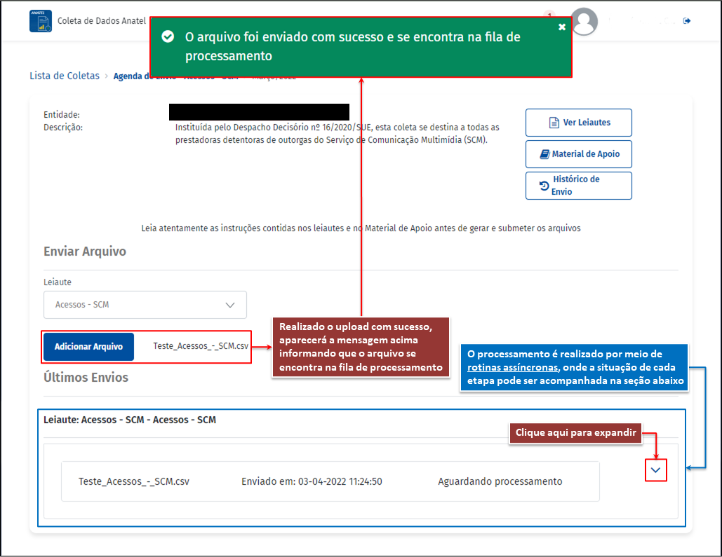 Mensagem de arquivo enviado e na fila de processamento