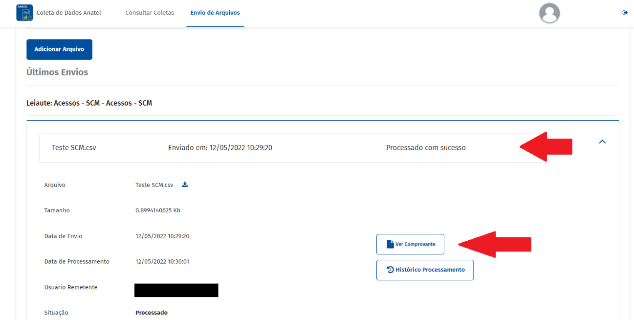 Últimos envios com o status Processado com sucesso e o botão Ver Comprovante