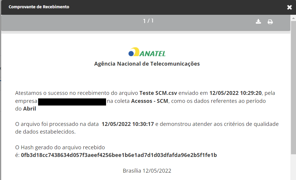 Comprovante de recebimento da Anatel com data e hash do arquivo