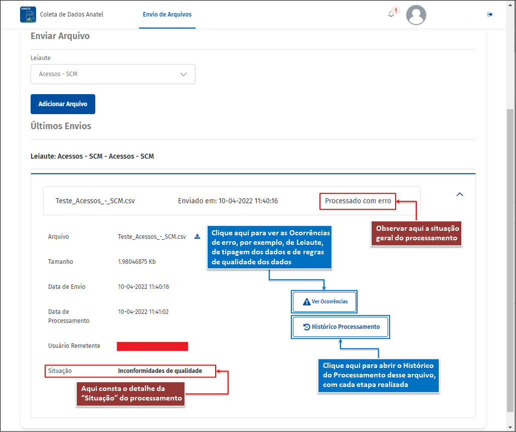 Último envio com o status Processado com erro e o botão Ver Ocorrências